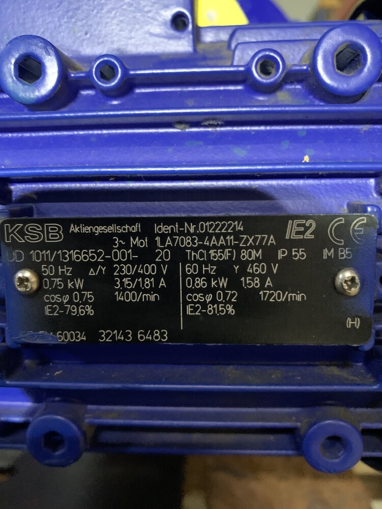 KSB Motor: KSB : 1LA7083-4AA11-ZX77A; Pumpe: KSB: ETACHROM  BC 050-125/074